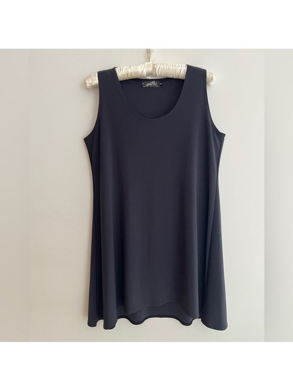 SYMPLI Dark Grey Scoop Neck Jersey Tank Top Long A-Line Style Travel Versatile